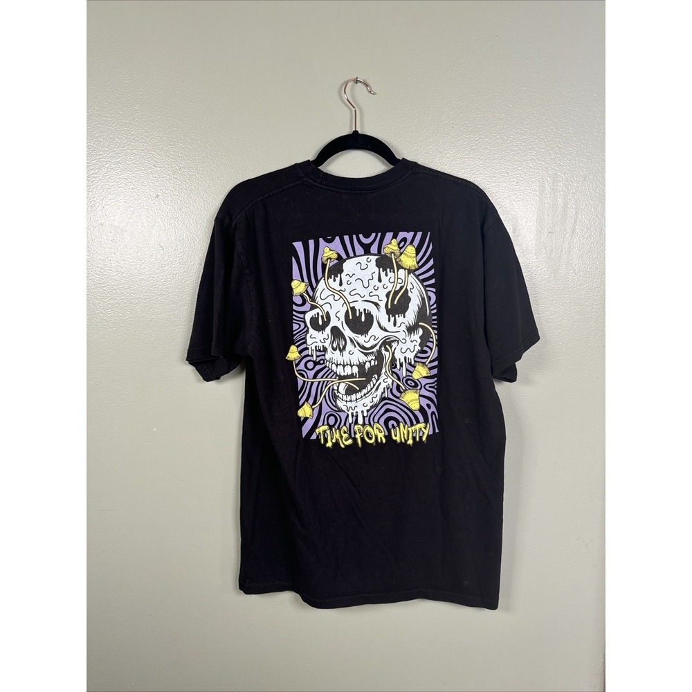 Cyber Mall Goth Grunge Sz L Shirt TIME FOR UNITY Skull & Mushrooms BLEACH STAINS